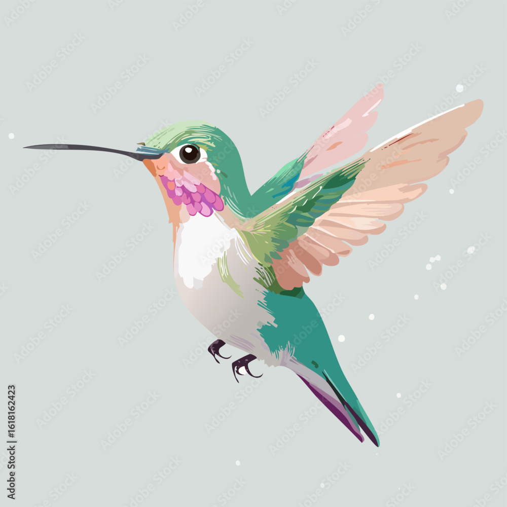 Obraz premium Vibrant watercolor-style hummingbird with teal and pink plumage hovering gracefully.