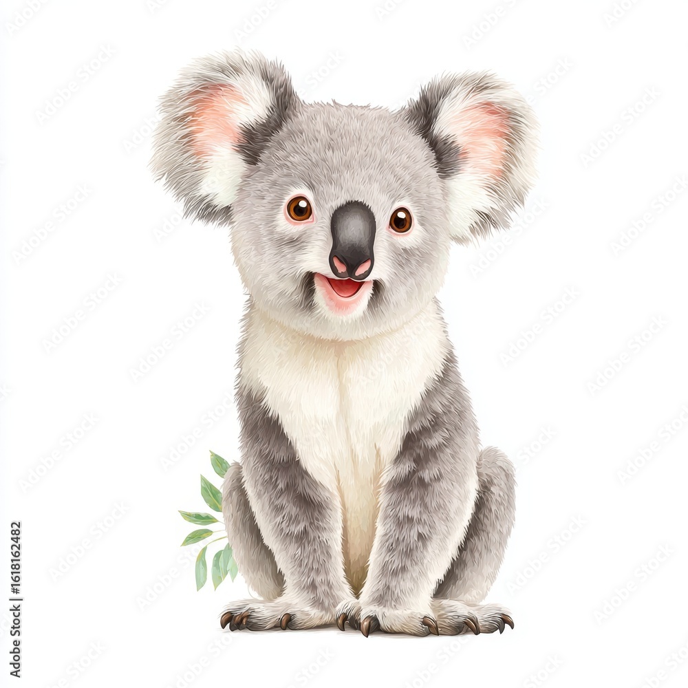 Obraz premium Cute Cartoon Koala Bear Sitting Isolated on White Background, Watercolor Style