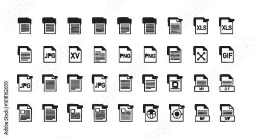 Diverse Collection of Black and White File Format Icons Demonstrating Wide Range of Compatibility and Data Types