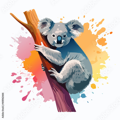 A charming koala with fluffy grey fur and a blue nose, clinging to a tree branch in a vibrant, stylized illustration.