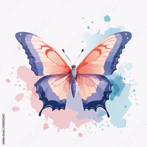 Artistic watercolor butterfly with spread wings, painted in soft pink, coral, and periwinkle blue.