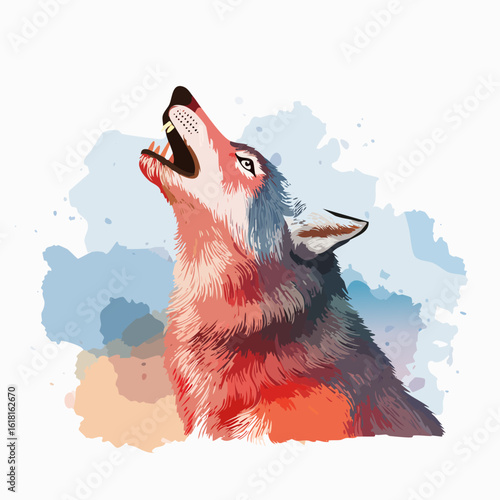 Majestic howling wolf in a vibrant watercolor style with red, blue, and grey fur.