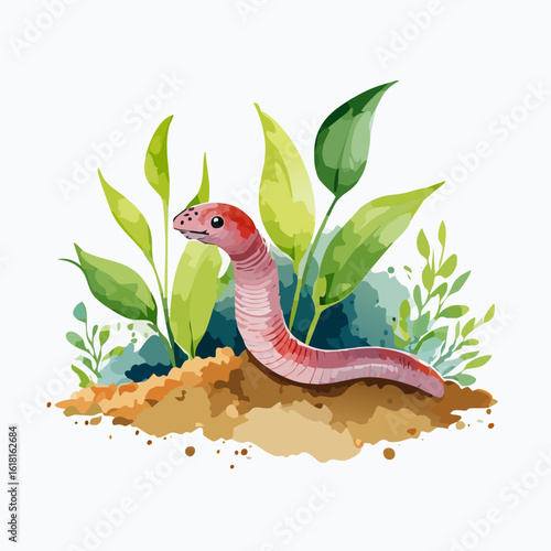 Watercolor illustration of a friendly earthworm in garden soil, a symbol of nature and composting