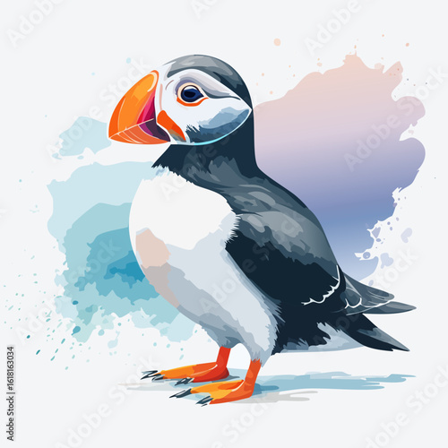 Stylized Atlantic puffin illustration with a vibrant orange beak and webbed feet, standing in profile.