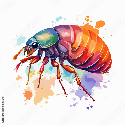 Artistic watercolor flea illustration with a vibrant, multicolored iridescent exoskeleton.