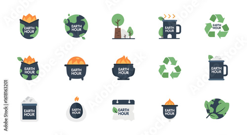 Vector icon set for Earth Hour and environmental conservation. Flat design symbols for ecology, recycling, and climate awareness.