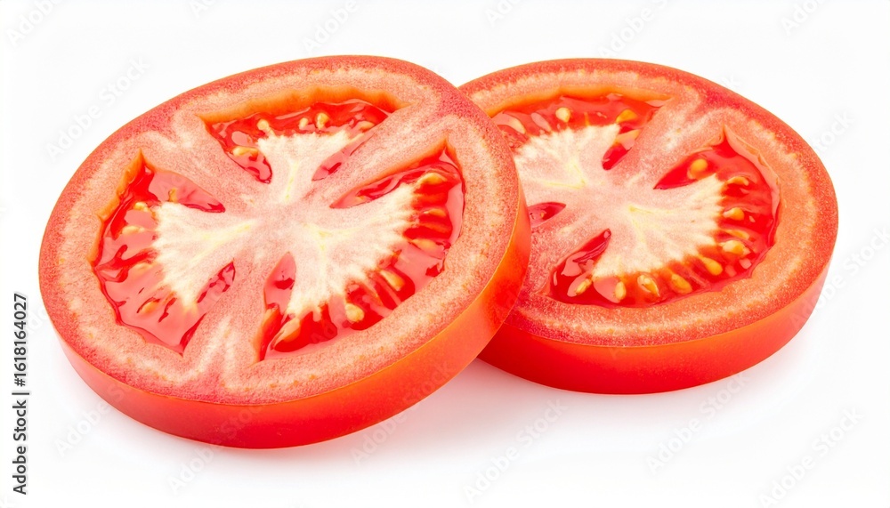 Three vibrant tomato slices with visible seeds and juicy texture, paired with two green leaves, symbolizing freshness, flavor, and natural culinary appeal. Three vibrant tomato slices with visible seeds and juicy texture, paired with two green leaves, symbolizing freshness, flavor, and natural culinary appeal.
