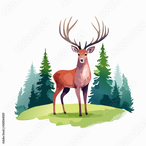 Majestic Red Deer Stag with Large Antlers in a Stylized Watercolor Illustration