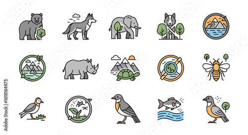 Minimalist Line Art Icons Diverse Wildlife & Nature Collection. Clean Environmental Symbols for Conservation & Sustainable Design.