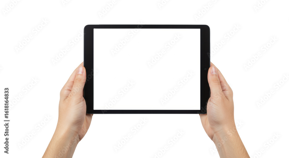gender-neutral hands firmly holding a sleek, modern black tablet with a blank white screen horizontally against a transparent isolated studio background, photorealistic UHD medium close-up with sharp gender-neutral hands firmly holding a sleek, modern black tablet with a blank white screen horizontally against a transparent isolated studio background, photorealistic UHD medium close-up with sharp