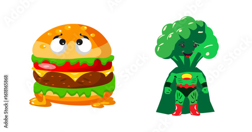 Сartoon confused hamburger character and happy broccoli superhero. Healthy and unhealthy food concept. Vector illustration on white isolated background