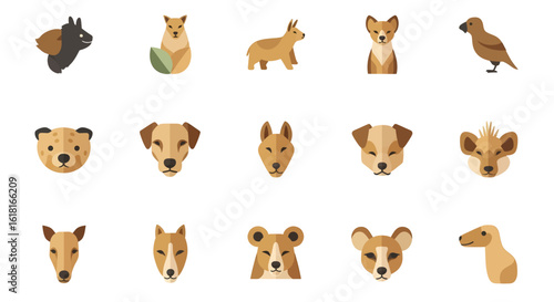 Stylized collection of geometric animal icons. Vector illustration set of various wild and domestic animal heads for modern design.