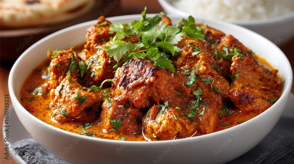 Delicious Chicken Tikka Masala in Bowl Garnished with Cilantro Close Up Delicious Chicken Tikka Masala in Bowl Garnished with Cilantro Close Up