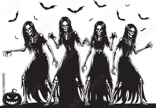 Spooky skeleton women with bats and pumpkin halloween, halloween, skeleton, women, bats, pumpkin, spooky, scary, horror, night, dark, creepy, gothic, illustration, black and white, costume, celebratio