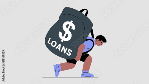 student struggling under heavy bag of loans vector illustration , the financial burden of student debt, education credit pressure and financial hardship