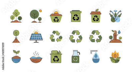 A collection of line art icons representing ecology, environmental conservation, and sustainable living concepts.