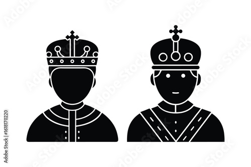 Royal King Face with Crown Silhouette Icon Set Vector Illustration