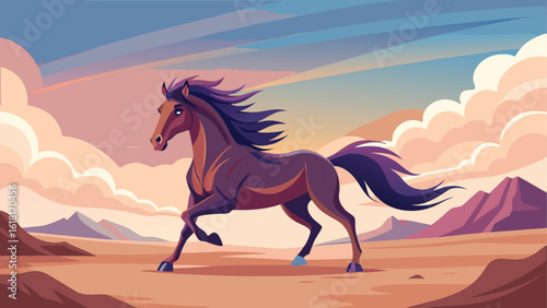 Majestic horse galloping through a stylized desert landscape at sunset