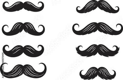 Black curled mustaches on white background facial hair, mustache, facial hair, black, white, graphic, illustration, vintage, retro, style, fashion, design, pattern, collection, set, curly, handlebar, 