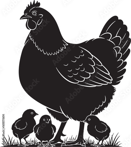 Black hen and chicks in grass poultry farm animals, hen, chicks, poultry, farm animals, black and white, silhouette, grass, nature, family, domestic animals, birds, farm, rural, illustration, graphic,