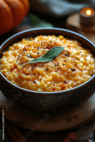 Bowl of macaroni with sage and sage leaves.