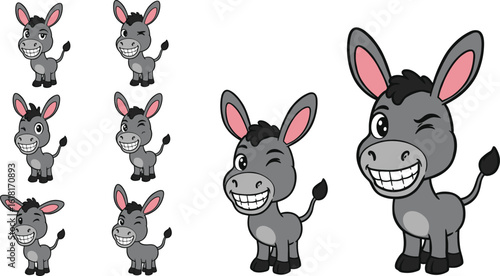 Funny cartoon donkey winking with big smile, cute farm animal character illustration for children’s books, posters, and design projects.