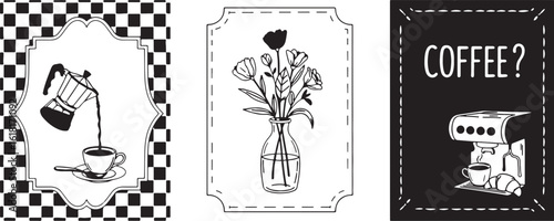 Coffee brewing flowers and coffee machine moka pot, coffee, brewing, moka pot, cup, saucer, spoon, checkered pattern, flowers, vase, coffee machine, croissant, black and white, illustration, graphic