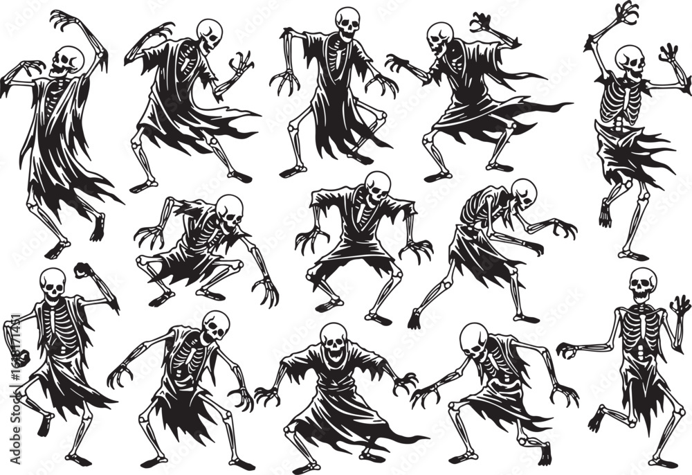 Fototapeta premium Dancing skeletons in ragged robes spooky Halloween, skeleton, dancing, spooky, halloween, horror, black and white, illustration, creepy, macabre, gothic, costume, supernatural, death, undead, grim rea