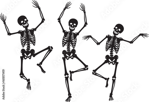 Dancing skeletons black silhouette white, skeleton, dancing, black, white, silhouette, bones, spooky, halloween, celebration, fun, movement, pose, joy, festive, playful, graphic, illustration, charact