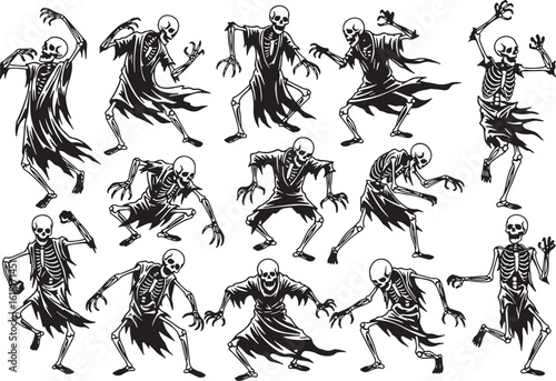 Dancing skeletons in ragged robes spooky Halloween, skeleton, dancing, spooky, halloween, horror, black and white, illustration, creepy, macabre, gothic, costume, supernatural, death, undead, grim rea