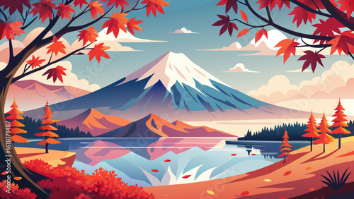 Autumnal mount fuji reflection over calm lake