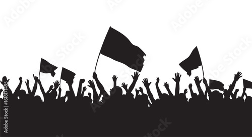 Silhouette of Protesters Holding Flags High Expressing Their Opinions and Demanding Change Demonstrating Strength in Numbers