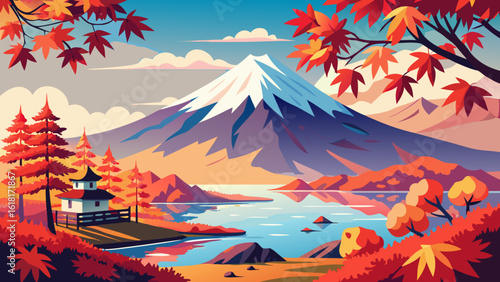 Majestic mount fuji in autumn with vibrant maple leaves