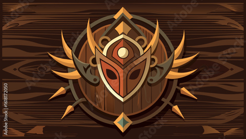 Tribal mask emblem on wood texture background