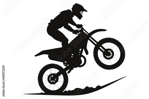 Black Silhouette of Motocross Rider Performing Jump on Dirt Bike Against a White Background