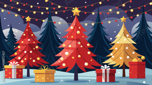 Festive christmas forest scene with decorated trees and gifts