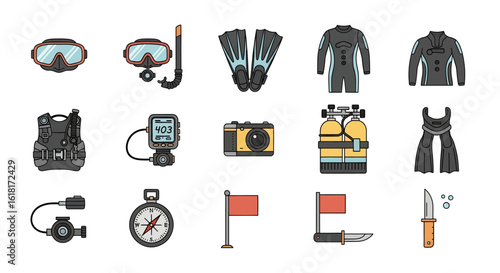 Collection of colorful diving equipment icons and accessories for underwater exploration and adventure