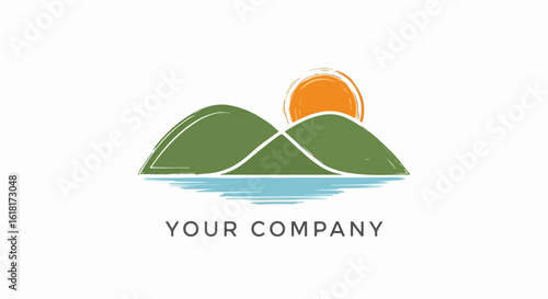Stylized landscape logo with green hills a brush stroke sun and blue water.