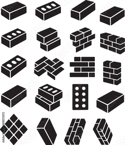 A vector collection of 20 black silhouettes of bricks in various perspectives, ideal for construction, architecture, and masonry design themes.