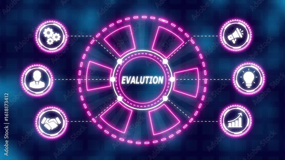 Evaluation Performance quality assessment business technology internet concept. Abstract technology symbols on blue color grid background. glowing neon line animation. Evaluation Performance quality assessment business technology internet concept. Abstract technology symbols on blue color grid background. glowing neon line animation.