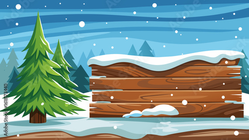 Winter forest scene with snow covered wooden sign and pine trees