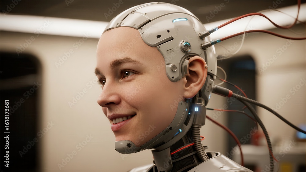 Fototapeta premium robot wearing a Brain-Computer Interface (BCI) for Neurotechnology and medical applications.