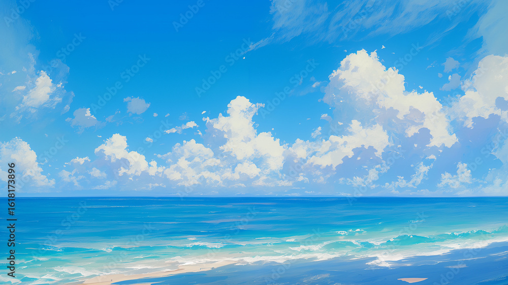 Obraz premium 青空と海が一体となり、懐かしさを感じる光に包まれたノスタルジックな風景を手描きタッチで描いたパノラマイラスト。癒しと郷愁を感じる背景に最適