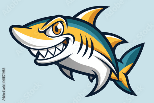 Cartoon Illustration of a Grinning Shark with Sharp Teeth and Yellow and Blue Coloring