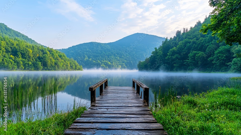 Fototapeta premium Serene misty morning at Lacu Rosu lake, a wooden dock extends into the calm, fog-shrouded water reflecting the lush green summer mountains and tranquil atmosphere.