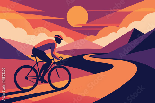 Cyclist Rides Along Winding Road Through Abstract Landscape with Sunset in Illustration