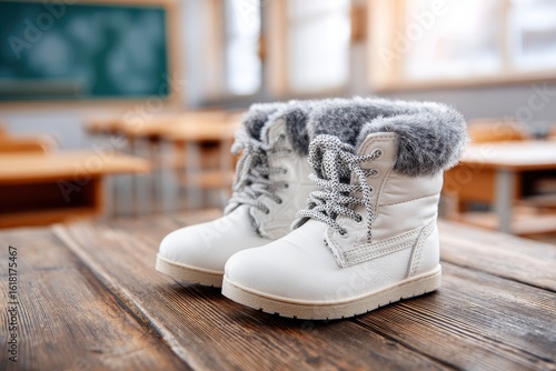 Two white winter boots with fuzzy gray trim sit on a wooden table