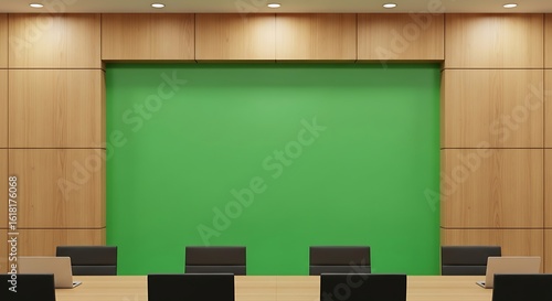 Modern conference room interior with a large green screen for virtual presentations and business meetings. Corporate boardroom concept.