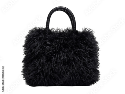 PNG Of Luxurious black fluffy handbag with soft fur texture, perfect for adding a chic touch to any outfit.