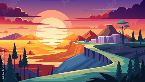 Vibrant sunset over a mountainous landscape with a winding road